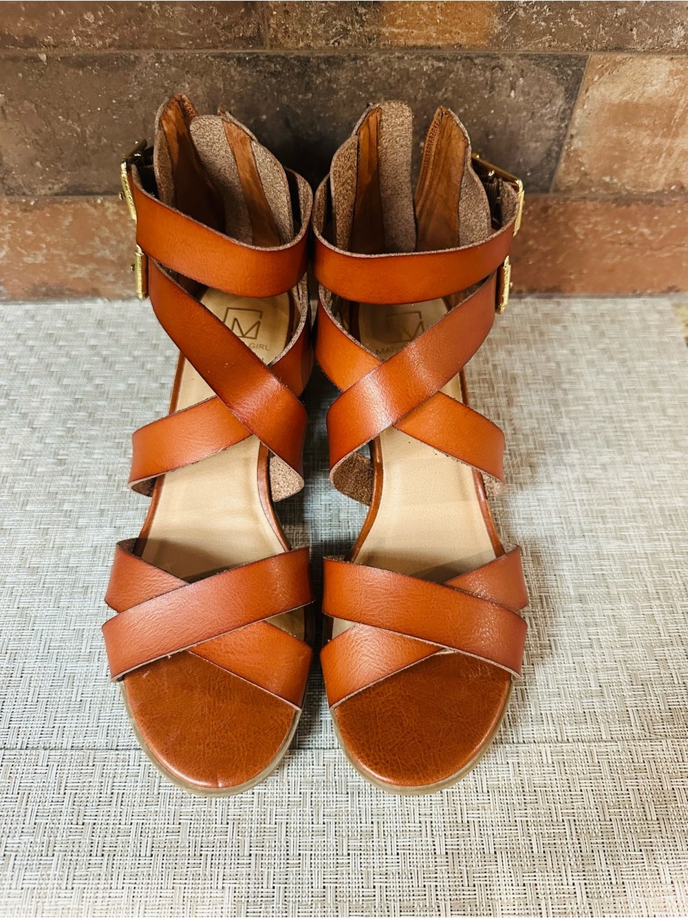 Material Girl Tan Crisscross Ankle Strap Sandals